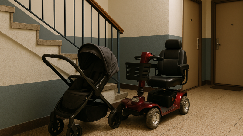 A mobility scooter and pushchair at the bottom of the stairs in a block of flats