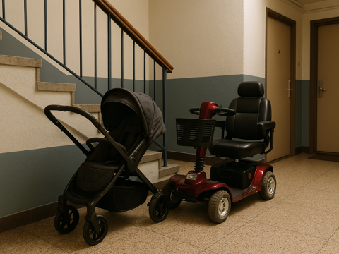 A mobility scooter and pushchair at the bottom of the stairs in a block of flats